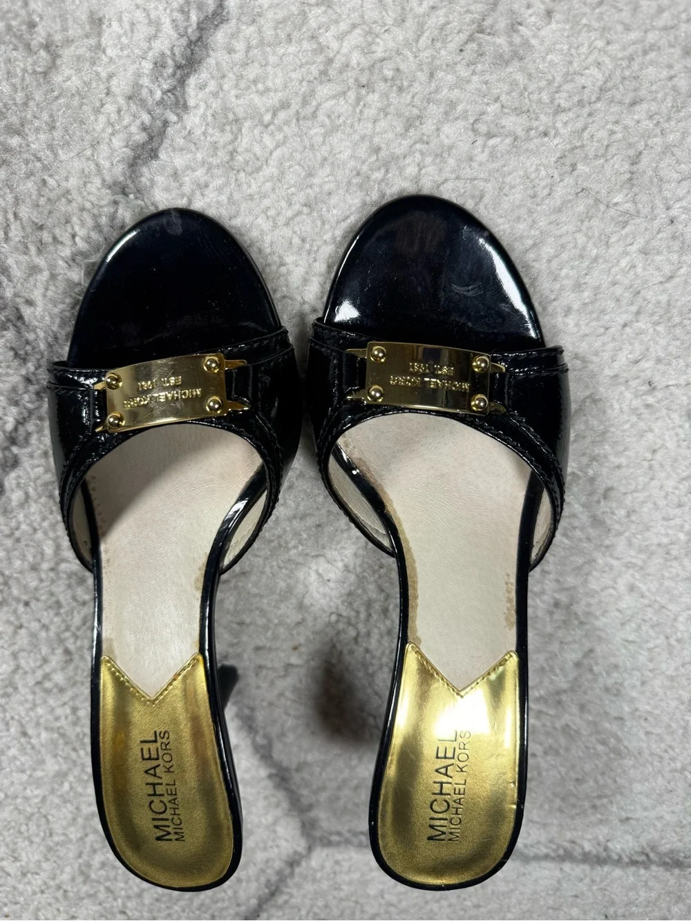 Michael Kors Black Patent Mules with Gold Plate